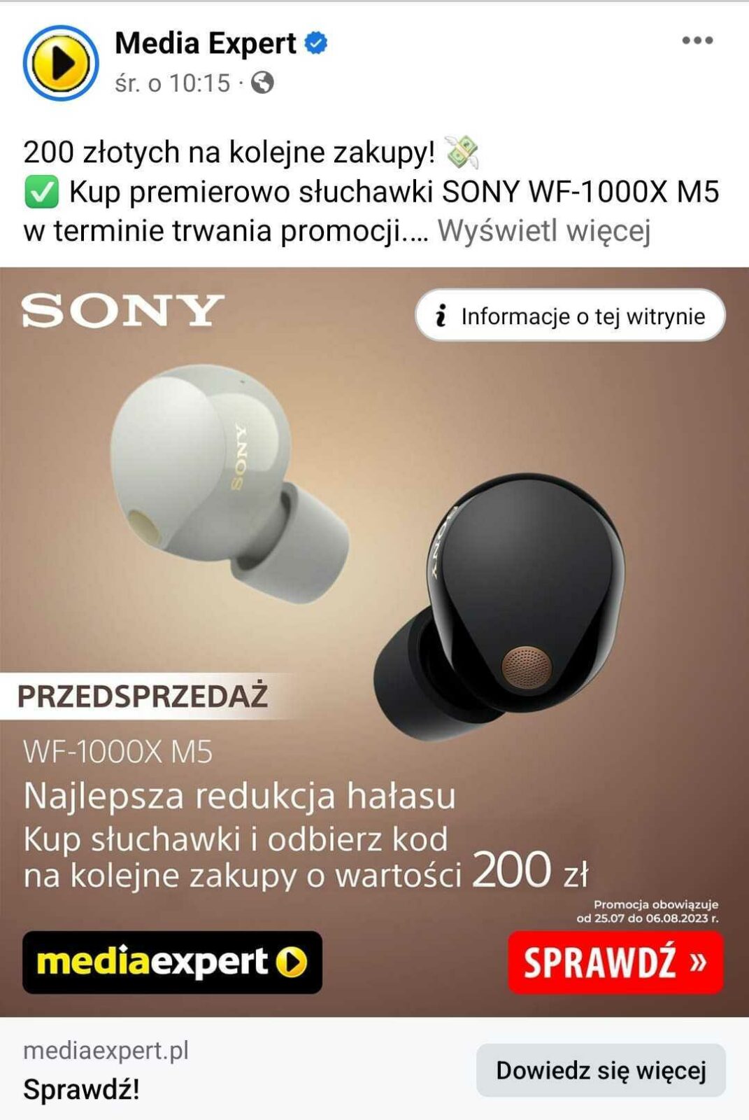 Mobile First Social Media - Podgląd posta na fanpage Media Expert (na telefonie)