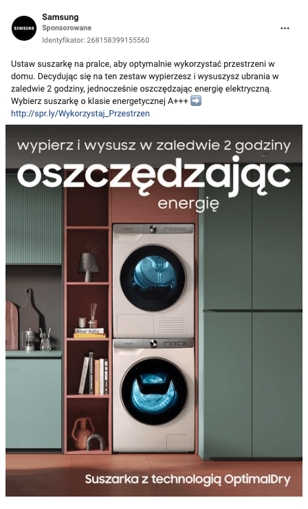 Strategia mobile first - Przykład kreacji reklamowej na Facebooku firmy Samsung