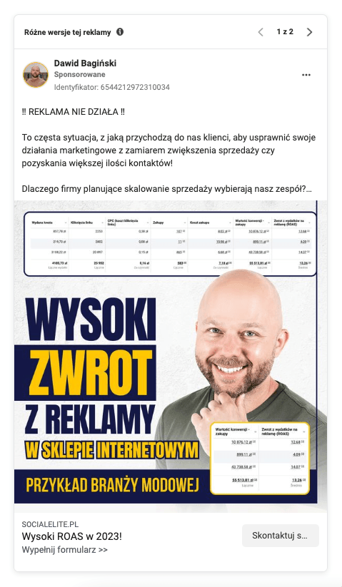 Jak rozkręcić sklep online - przykładowa reklama profilu Dawid Bagiński Social Elite