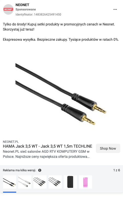 przykładowa reklama firmy Neonet wykorzystująca mental trigger awersji do strat