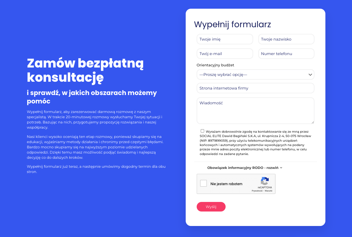 zamów bezpłatną konsultację w Social Elite