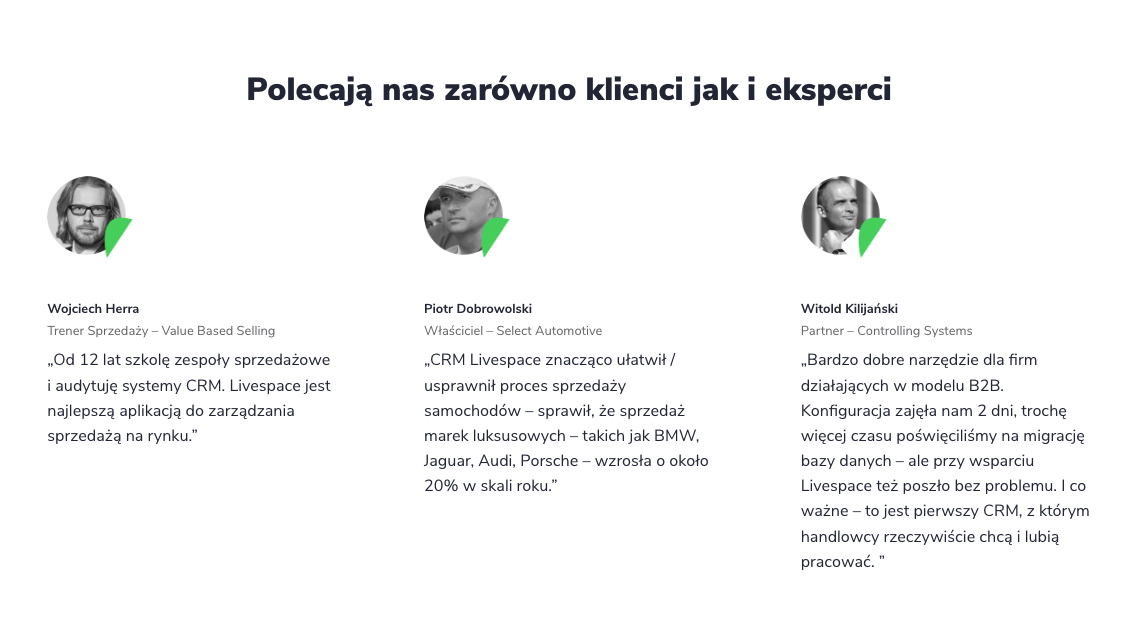 przykład wykorzystania social proof przez firmę Livespace