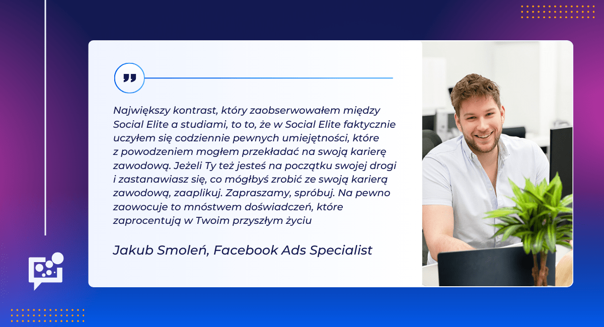 opinia specjalisty Facebook Ads - staż marketingowy w Social Elite vs studia