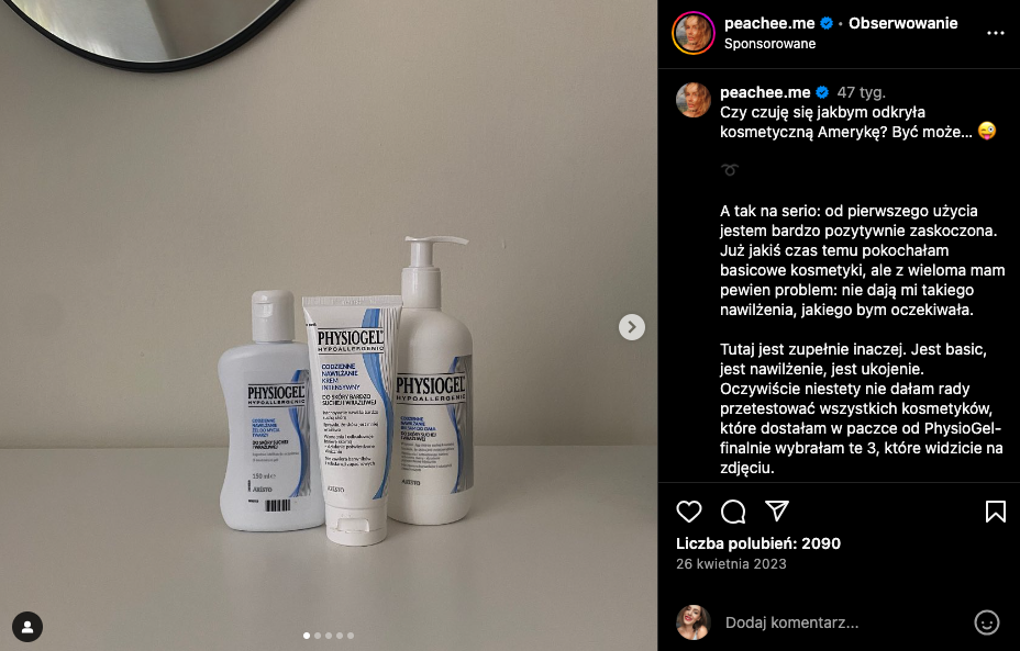 przykład postu reklamującego kosmetyki Physiogel