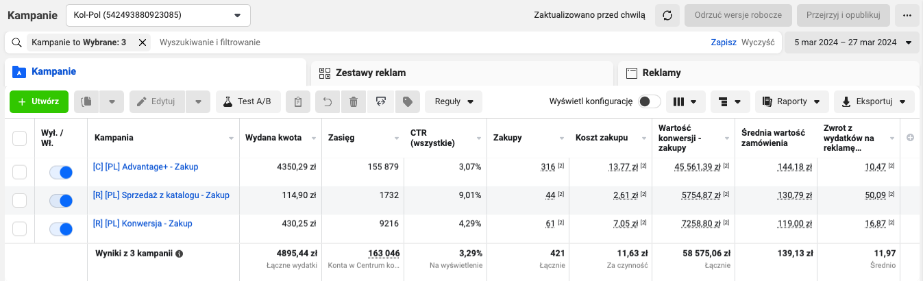zrzut wyników działań reklamowych dla firmy KOL-POL