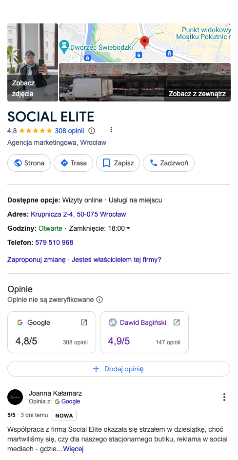 wizytówka Google Social Elite